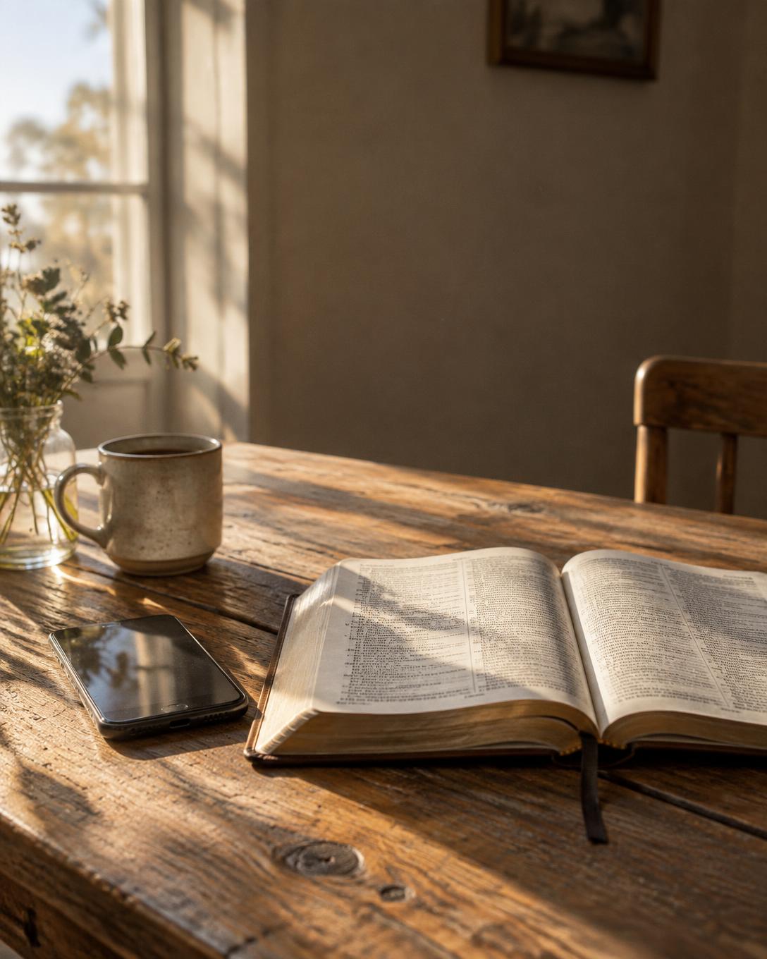 Open Bible beside a cup in morning sunlight